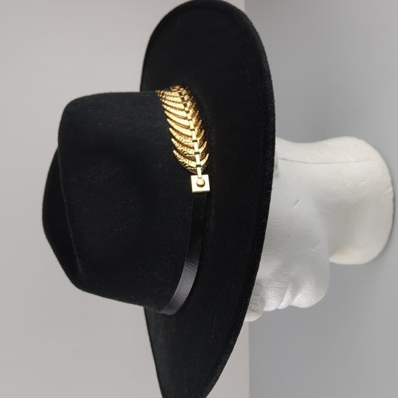 VINTAGE Women's Black Felt Gold Metal Feather Fedora Hat - Picture 4 of 8